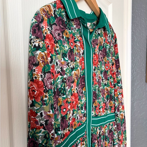 Brooks Brothers Red & Green Floral Print Pleated Long Sleeve Shirt Dress, 12 - Picture 3 of 13